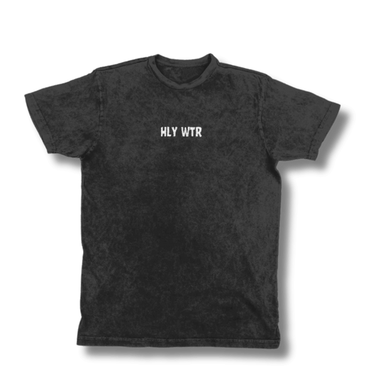 Front view of the distressed HLY WTR black t-shirt, showcasing a clean and minimalist design with the ‘HLY WTR’ logo centered at the top.