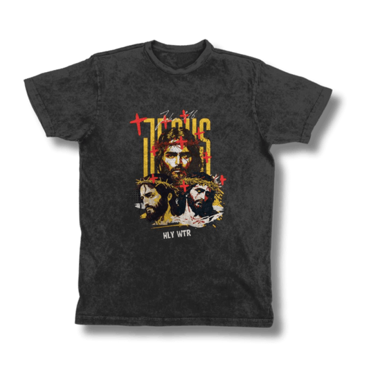 Black HLY WTR t-shirt showcasing a Tri-Face Jesus graphic with vibrant yellow and red accents, symbolizing Christian faith in an artistic streetwear style.
