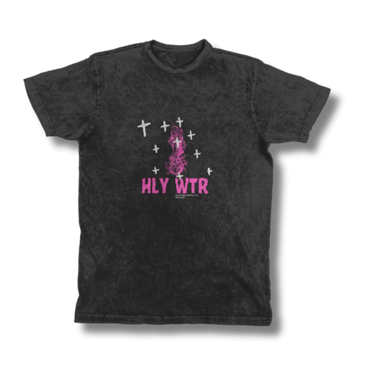 Retro style black t-shirt featuring a bold Virgin Mary print in pink with white crosses, branded with the HLY WTR logo for a distinctive Christian streetwear look.